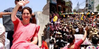 संसद पहुंचे से पहले प्रियंका गांधी पर फूलों की वर्षा
