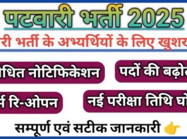 RSMSSB ने पटवारी भर्ती 2025 के लिए पदों की संख्या बढ़ाकर 3705 कर दी है. आवेदन प्रक्रिया दोबारा शुरू हो गई है और परीक्षा 17 अगस्त को होगी. योग्य उम्मीदवार CET पास और कंप्यूटर डिग्री वाले हों. आवेदन की अंतिम तिथि 29 जून 2025 है.